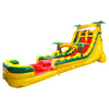 Side view of 20ft Rasta Splash Hybrid DL water slide showing bright yellow, green, and red design, inflatable palm trees, and a large splash pool area. The slide features both open and enclosed sliding sections, displayed against a white background.