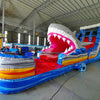 20ft Rip Curl Shark Attack 2pc Hybrid Dual Lane Inflatable Water Slide showcasing shark design, dual slides, and vibrant colors in indoor facility setting
