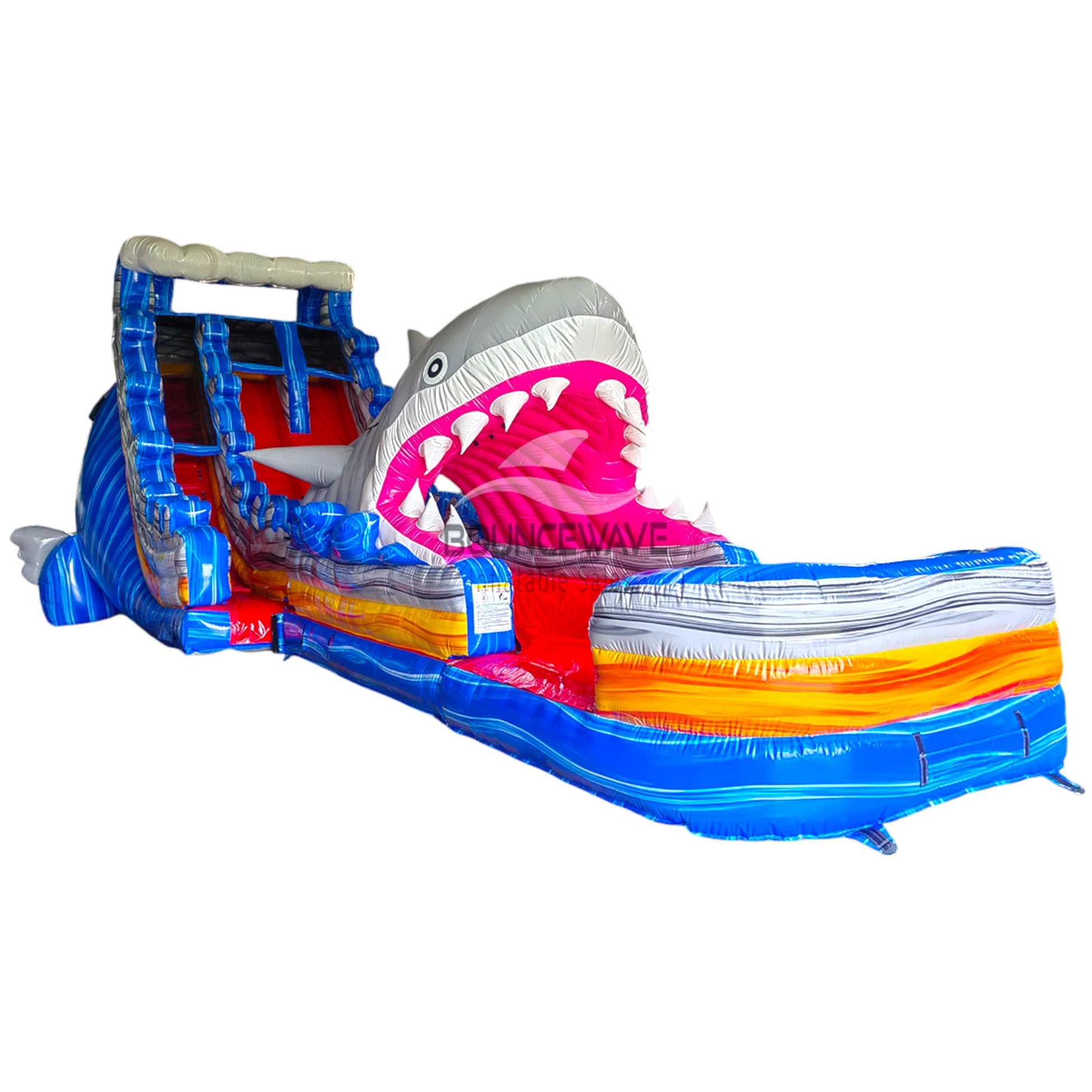 20ft Rip Curl Shark Attack 2pc Hybrid Dual Lane Inflatable Water Slide isolated view highlighting shark mouth entrance, dual slides, and colorful inflatable design