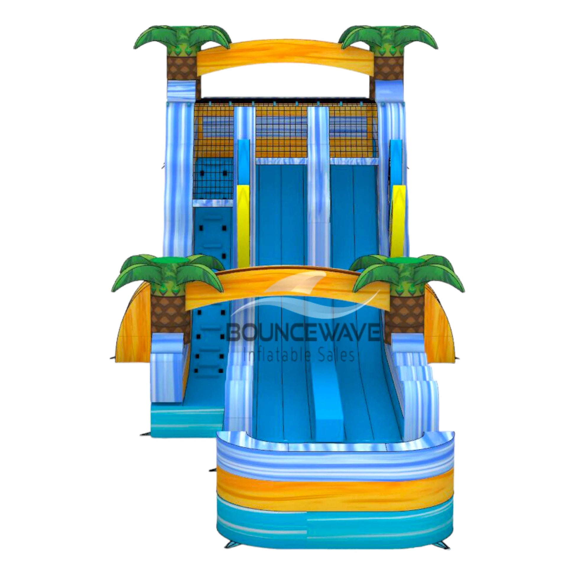 Front view of the 20ft Surfs Up Hybrid DL inflatable water slide, showcasing its blue sliding lanes, palm tree and surfboard decorations, and spacious splash pool with "BOUNCEWAVE Inflatable Sales" branding. The slide combines open and tube slide elements, set up in an indoor warehouse.