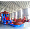 Wide-angle view of 20ft Tentacle Typhoon Hybrid DL water slide featuring red, brown, and blue colors, with prominent octopus tentacles and pirate ship elements. The slide is set up in an indoor warehouse with metal roofing, bright lighting, and other inflatable products visible in the background.