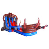 Front angle view of the 20ft Tentacle Typhoon Hybrid DL inflatable water slide, showcasing its pirate ship design with red and blue sliding lanes, octopus tentacles, and skull and crossbones flag. The slide is set against a white background, highlighting its unique features.