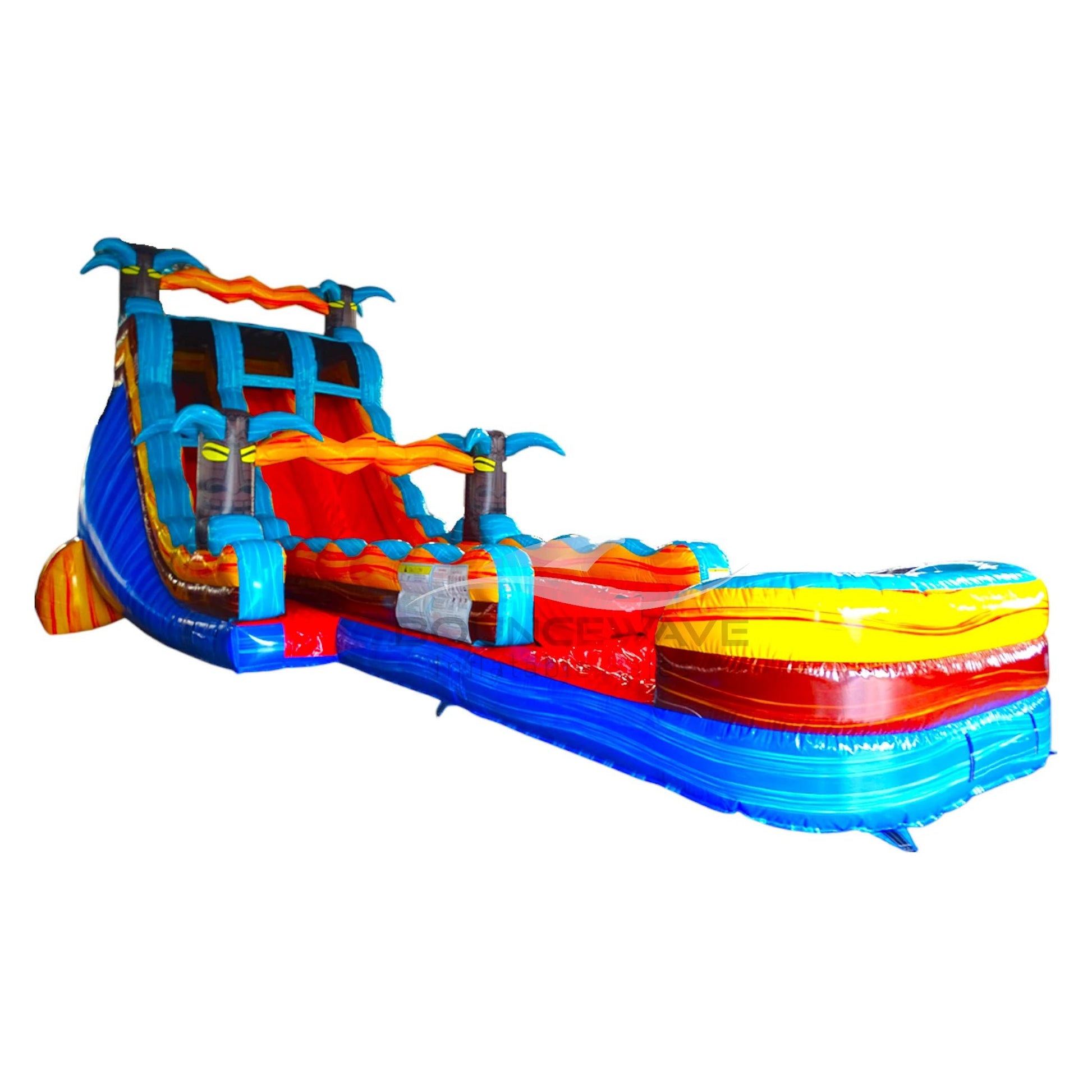 Isolated view of 20ft Tropic Shock Hybrid DL water slide featuring blue, red, and yellow colors, with palm tree decorations and multiple sliding lanes. The slide is shown against a white background, highlighting its tropical theme and design elements.