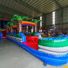 24ft Baja Splash DL 2pc Commercial Water Slide with Inflatable Slip & Slide side angle view highlighting curved slide, tropical theme, and extended water play area
