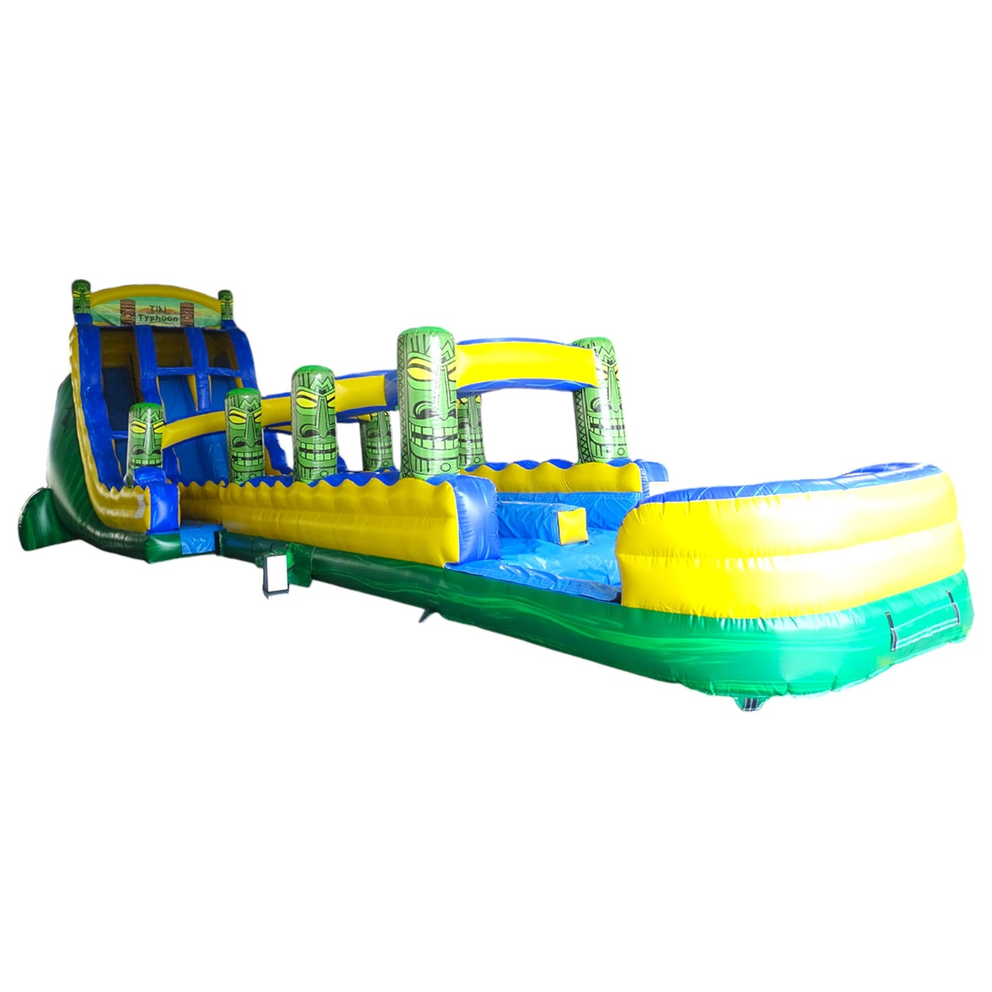 24ft Tiki Typhoon Dual Lane 2pc Commercial Water Slide with Inflatable Slip & Slide front view displaying palm tree decorations, dual blue lanes, and tiki-inspired design