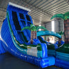 24ft Trop Wave DL 2pc Commercial Water Slide with Inflatable Slip & Slide displaying tall blue slide, tropical theme with palm trees, and expansive slip and slide
