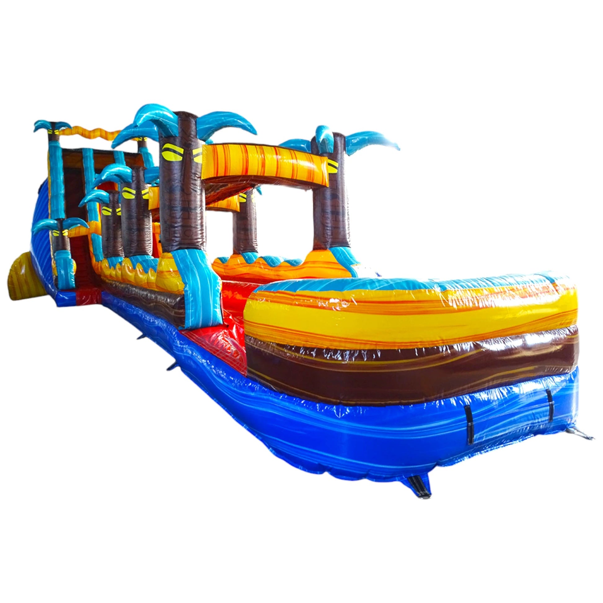 24ft Tropic Shock Dual Lane Commercial Water Slide with Inflatable Slip & Slide featuring tropical palm trees, dual blue slides, and extended water play area in warehouse setting
