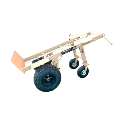 4-Wheel Heavy Duty Hand Truck Dolly with Brake showcasing tan frame, black wheels, and integrated brake system on white background
