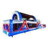 Side view of 46ft Baja Commercial Hybrid Inflatable Obstacle Course featuring red, white, and blue color scheme. Long structure with multiple obstacles including tunnels, climbing walls, and slides. Set against a white background, showcasing its length and variety of challenges.