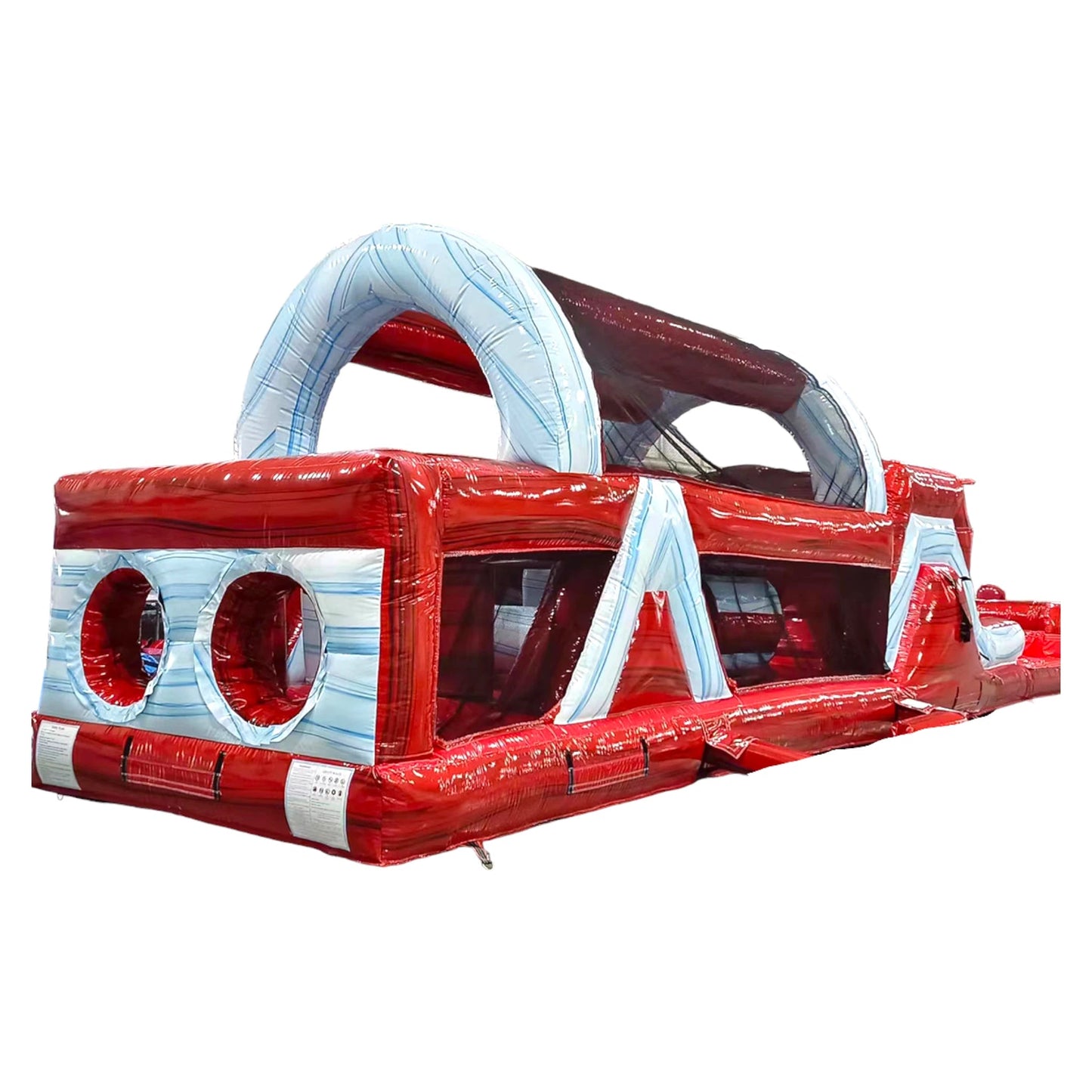 Side view of 46ft Crimson Bay Commercial Hybrid Inflatable Obstacle Course featuring a red and blue color scheme. The inflatable structure includes multiple obstacles, climbing walls, and slides. Set against a white background, showcasing its length and design for commercial use.