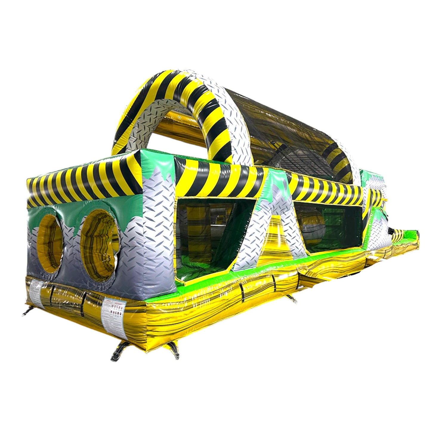 Cross Side view of 46ft Hazardous Commercial Hybrid Inflatable Obstacle Course featuring a yellow and black striped design. The inflatable structure includes multiple obstacles, tunnels, and climbing areas. Set up in a large indoor warehouse with metal roofing and bright lighting visible.