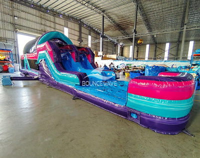 46ft Purple Palace Teal Hybrid Inflatable Obstacle Course - BounceWave Inflatable Sales