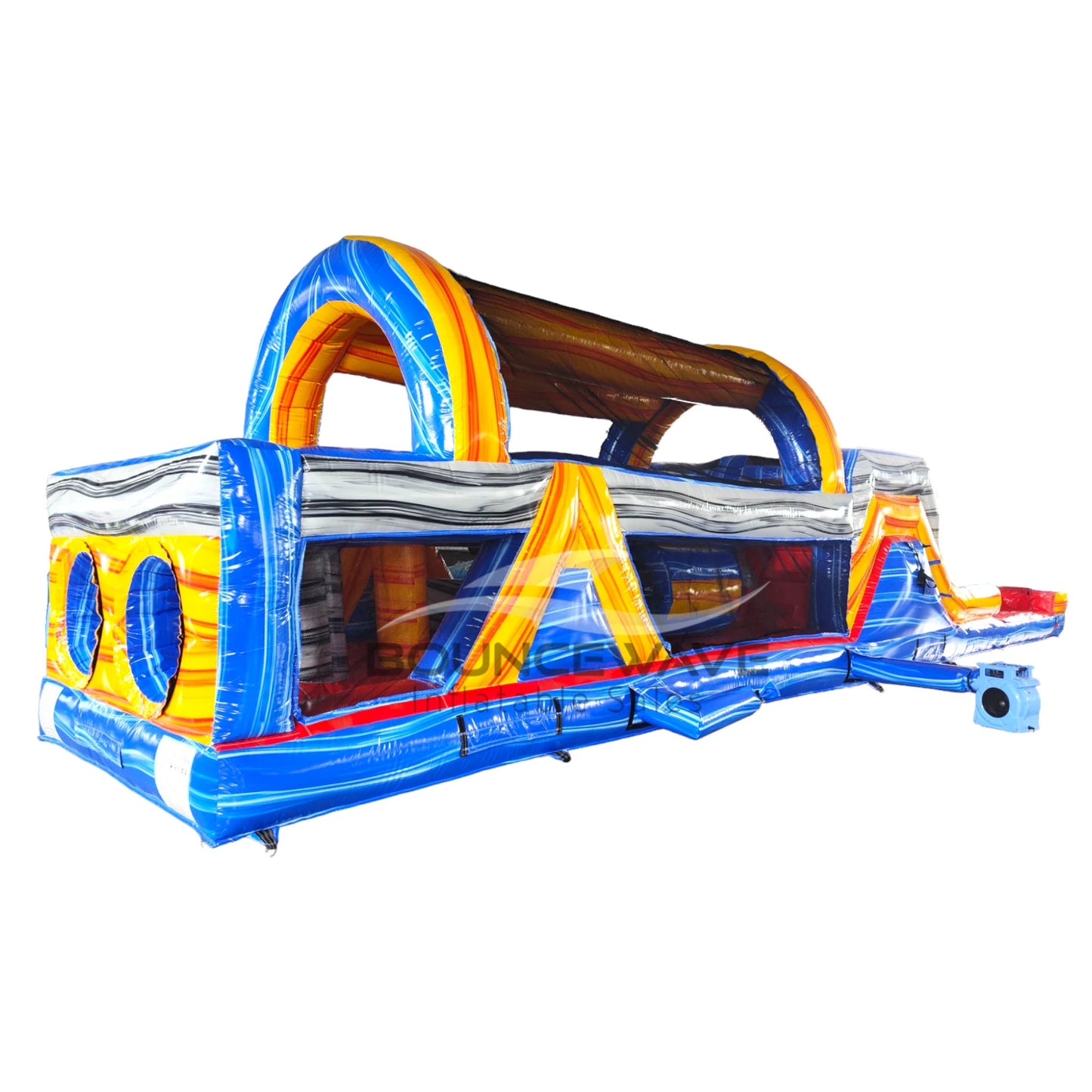 Cross Side view of 46ft Rip Curl Commercial Hybrid Inflatable Obstacle Course isolated on a white background. The inflatable showcases a blue base with yellow and brown accents, multiple arches, tunnels, and a red slide. The design highlights its wave-like theme for commercial use.