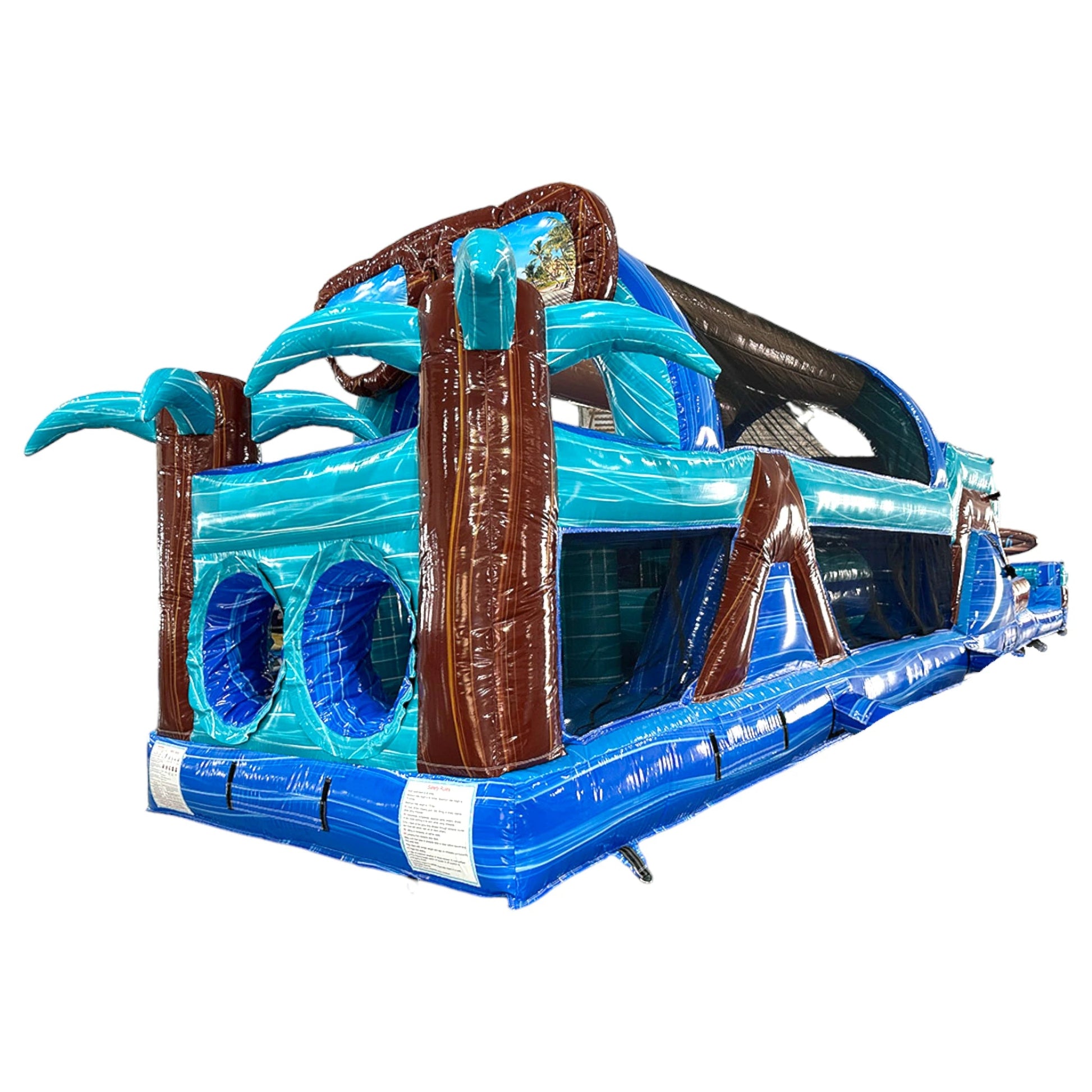 Rear Side view of 46ft South Beach Commercial Hybrid Inflatable Obstacle Course featuring a tropical theme with inflatable palm trees and sunglasses. The structure has a turquoise and blue color scheme, multiple obstacles, and a long tunnel-like design. Set against a white background, showcasing its length and design for commercial use.