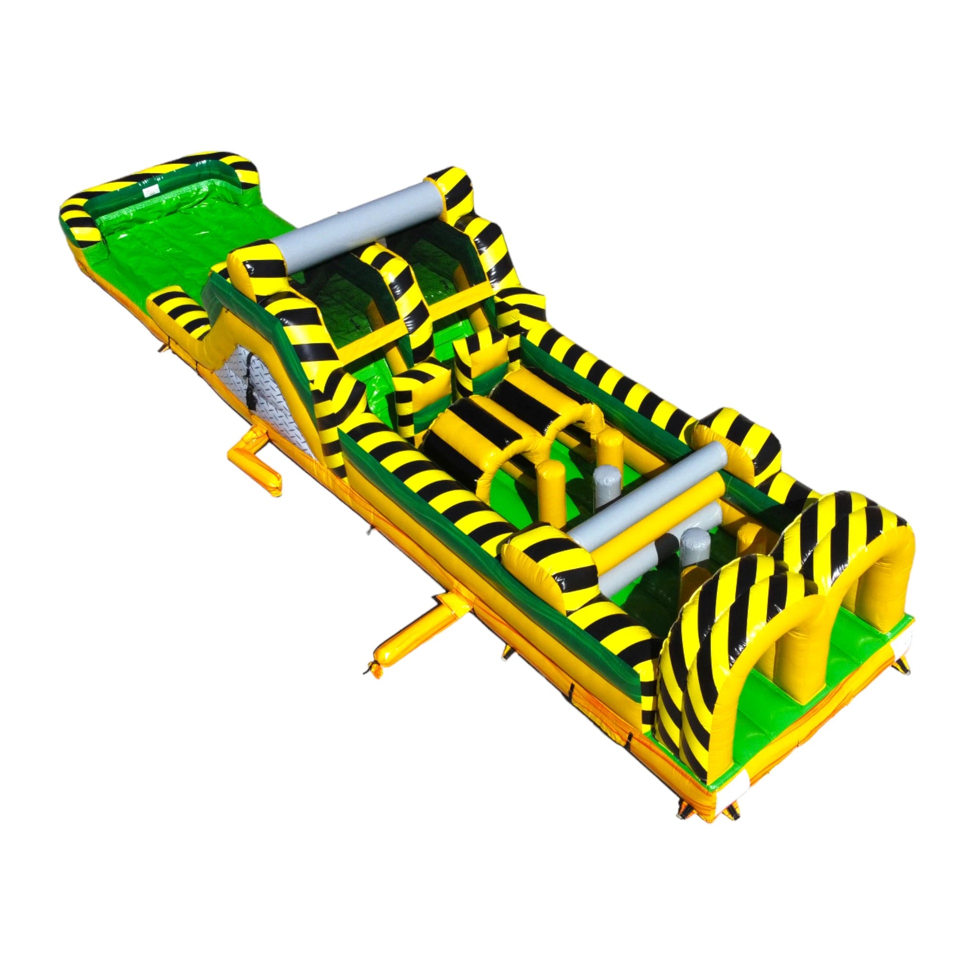 46ft Toxic Open Air Hybrid Inflatable Obstacle Course top view showcasing yellow and black striped design, various obstacles, and green flooring
