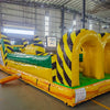 46ft Toxic Open Air Hybrid Inflatable Obstacle Course side view displaying long yellow structure with black hazard stripes, multiple challenges, and green base
