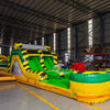 46ft Toxic Open Air Hybrid Inflatable Obstacle Course side view showcasing long yellow structure with black caution stripes, various obstacles, and green flooring in indoor facility
