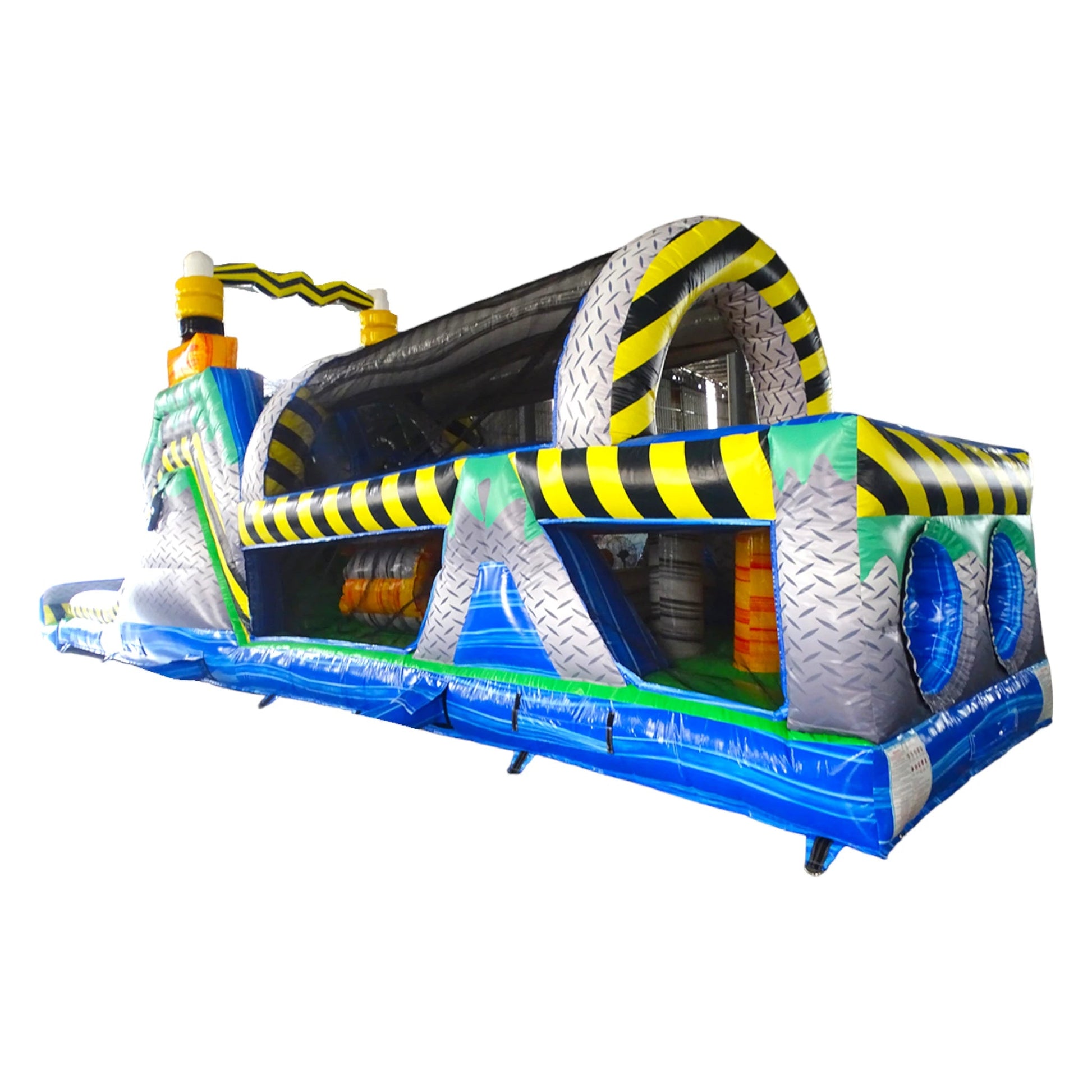 Side view of 53ft XL Radioactive Run Commercial Hybrid Inflatable Obstacle Course featuring a hazardous materials theme. The structure has yellow and black striped sections, a diamond plate pattern base, and multiple obstacles including tunnels and climbing areas. Set against a white background, showcasing its length and design for commercial use.