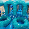 62ft Bahama 2-Piece Wet/Dry Inflatable Obstacle Course close-up of turquoise inflatable obstacles with arched openings and circular platforms
