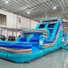 62ft Bahama 2-Piece Wet/Dry Inflatable Obstacle Course side view showcasing long blue structure with wave designs, various challenges, and inflatable pool area
