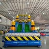 92ft Radioactive Run 3-Piece Wet/Dry Inflatable Obstacle Course front view showcasing yellow and black hazard-themed structure with dual green slides and inflatable pillars
