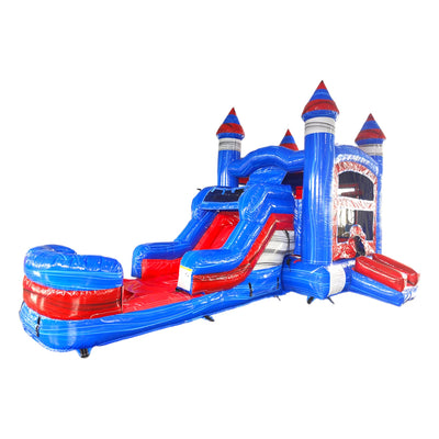 Inflatable castle-themed combo featuring a bounce house with blue walls and red turrets, attached slide, and splash pool. The structure has a large entrance with mesh windows and safety instructions visible. Set against a white background.