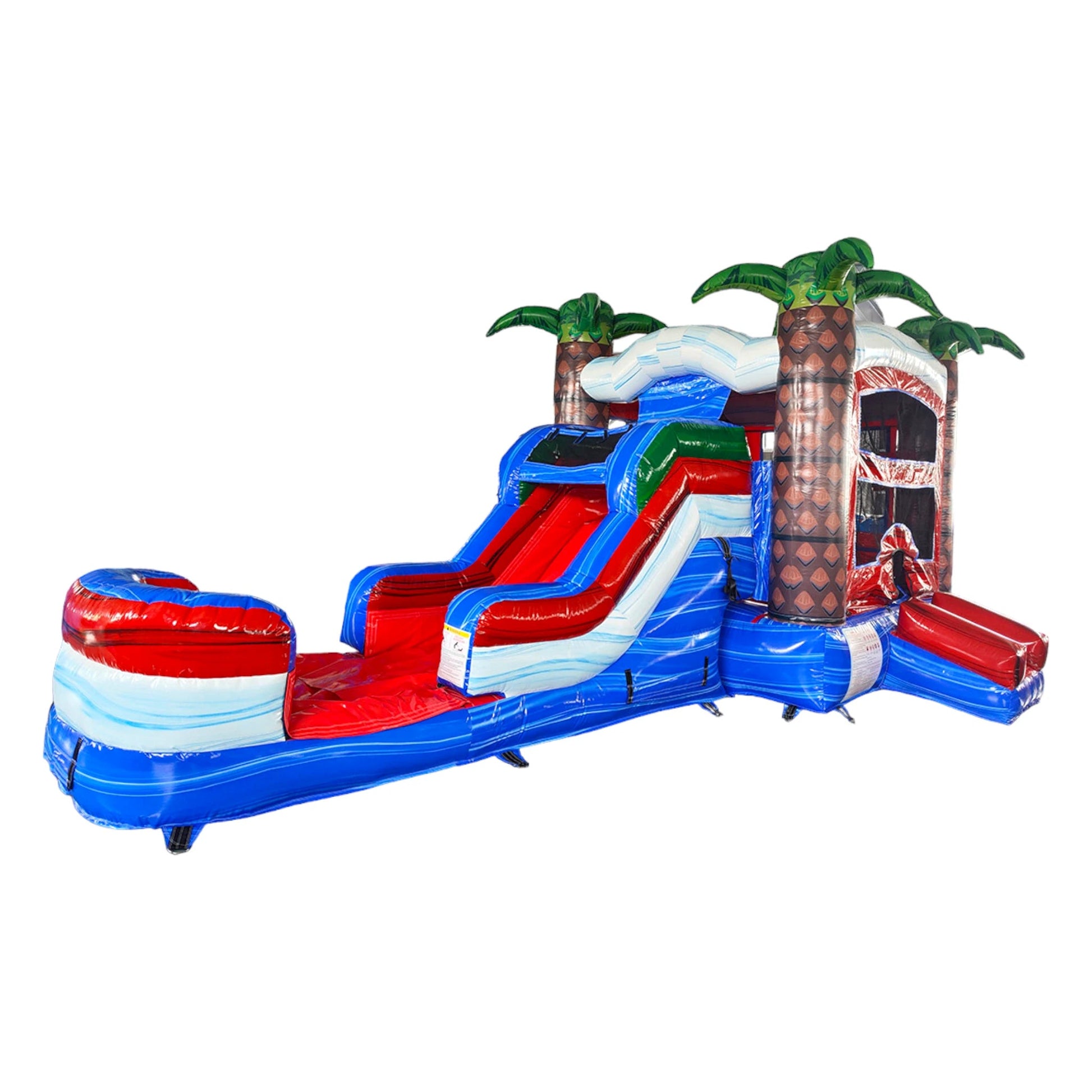 Side view of Baja Thunder Econo Combo showing bright blue, red, and white design with inflatable palm trees. The combo includes a bounce house, slide, and splash pool. Displayed against a white background, highlighting its tropical theme.