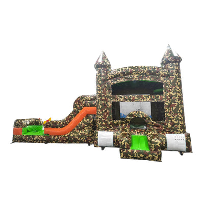 Side view of Camo Econo Combo showing camouflage pattern, bounce house structure with turrets, orange slide, and green splash pool area. The inflatable is isolated against a white background, highlighting its military theme design.