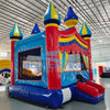 Carnival Commercial Grade Bounce House side angle view highlighting five spire tops, large entrance, and multicolored inflatable structure
