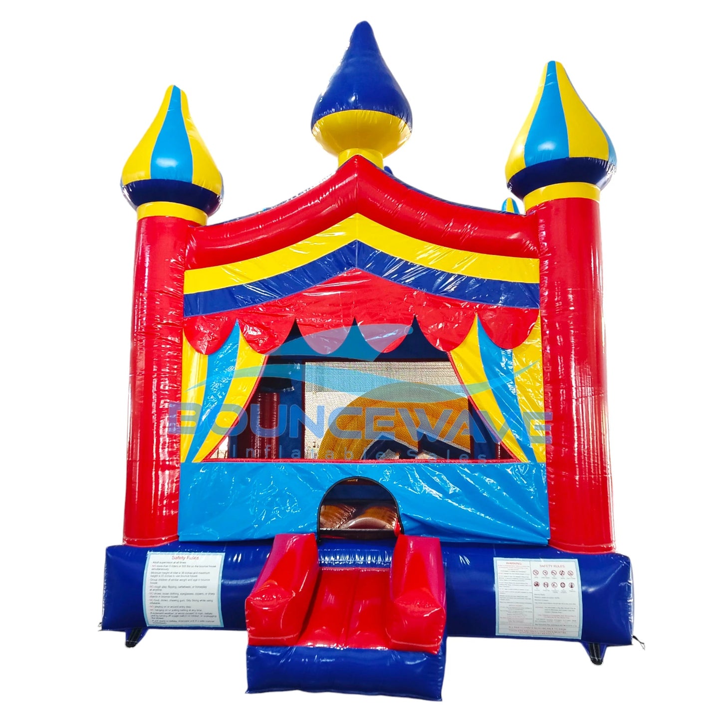 Carnival Commercial Grade Bounce House with vibrant red, blue, and yellow design featuring three spire tops and safety entrance
