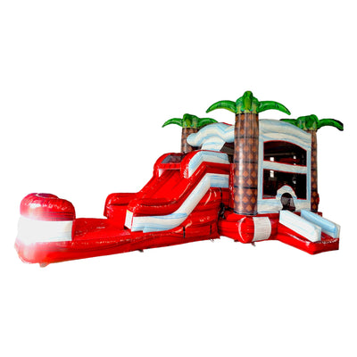 Isolated view of Crimson Bay Econo Combo showing bright red and white design with inflatable palm trees, curved slide, and large splash pool area. The combo is displayed against a white background, highlighting its tropical theme and features.