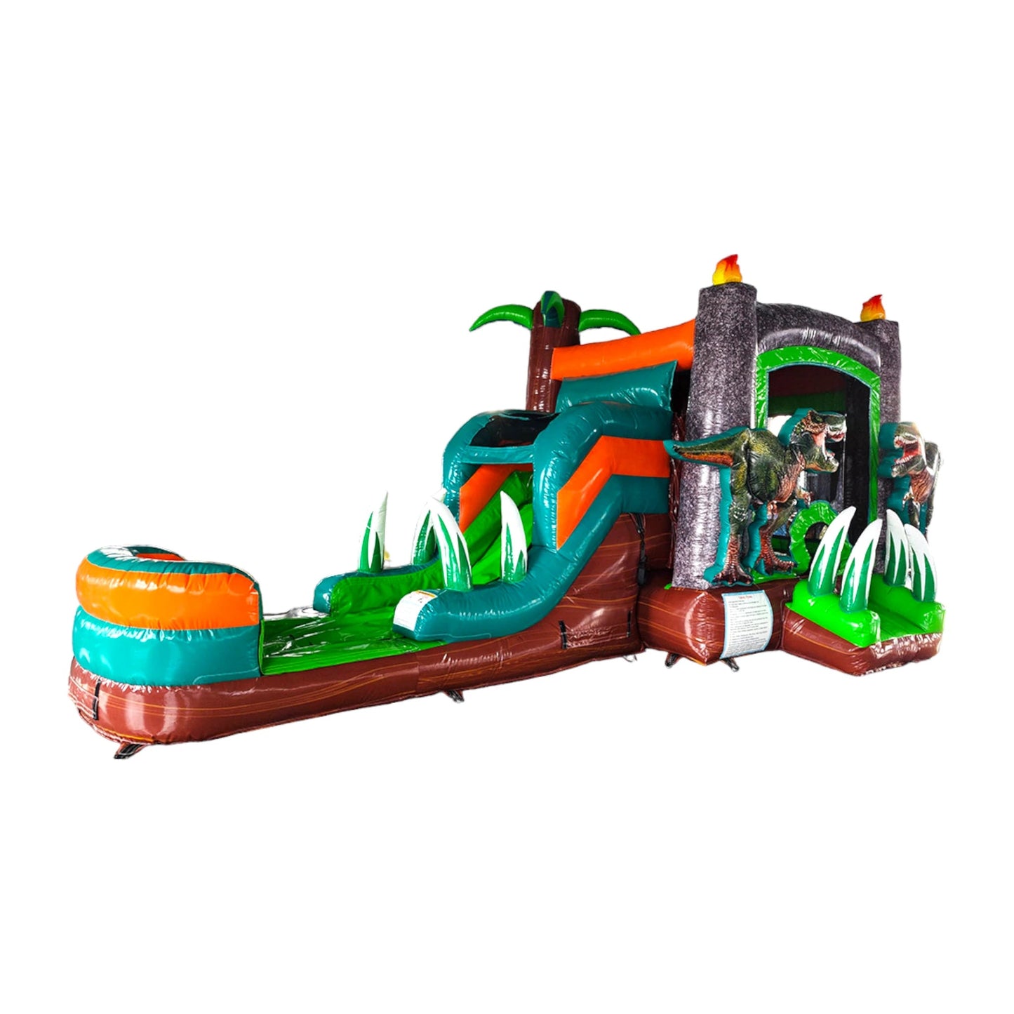 Large inflatable dinosaur-themed combo featuring a bounce house with volcano design, attached slide, and splash pool. The structure has green, orange, and brown colors with realistic dinosaur figures. Set up against a white background.