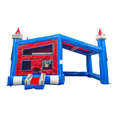 Isolated front view of Euro Baja Commercial Grade Canopy Bounce House against a white background. The inflatable features a blue base and pillars, red interior walls, and four white and red castle-like turrets. Mesh windows and a step at the entrance are visible. Safety instructions are attached to the front.