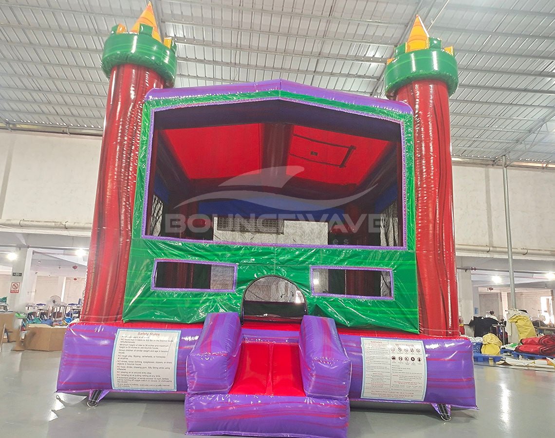 Euro Marble Commercial Grade Bounce House interior view highlighting red ceiling, green walls, and purple base with safety instructions visible