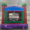 Euro Marble Commercial Grade Bounce House with colorful castle design featuring red towers, green base, and purple entrance in warehouse setting
