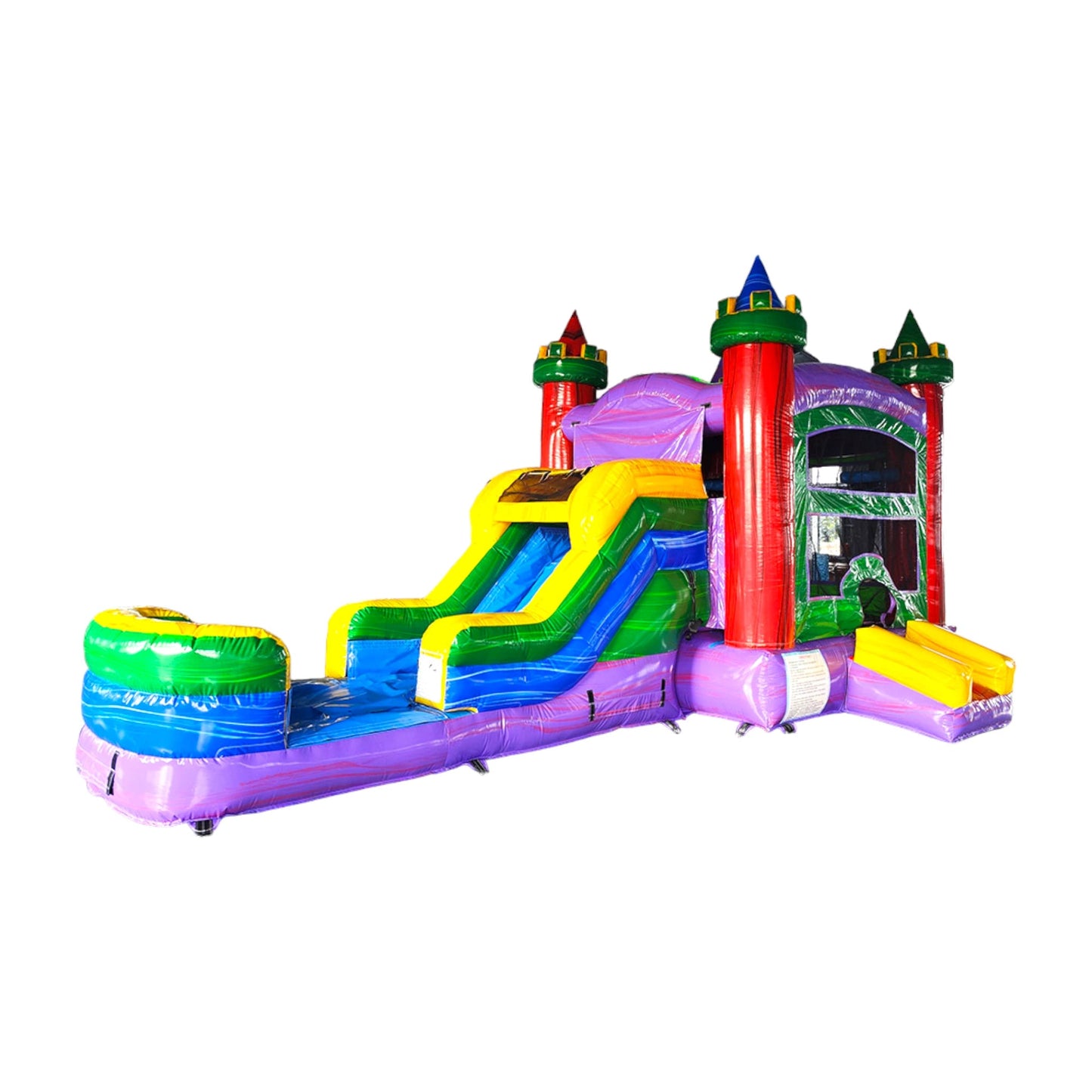 Side view of Euro Marble Econo Combo against a white background. Showcases the inflatable's castle design with red turrets, green accents, yellow slide, and multicolored splash pool area.