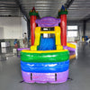 Front view of Euro Marble Econo Combo showing vibrant red, green, yellow, and purple colors. Features a bounce house with castle-like design, attached slide, and splash pool. Displayed in an indoor facility with various equipment visible in the background.