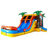 Large tropical-themed inflatable combo featuring dual orange slides, green palm trees, and a vibrant yellow and blue base. The structure includes a bounce house area with mesh windows, a splash pool, and flame-like decorations on top. Set against a white background, showcasing its festive design for commercial wet/dry use.