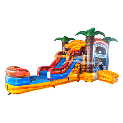 Side view of Fiesta Fire Econo Combo showing bright orange, red, and blue design with inflatable palm trees, curved slide, and large splash pool area. The combo includes a bounce house and is displayed against a white background.