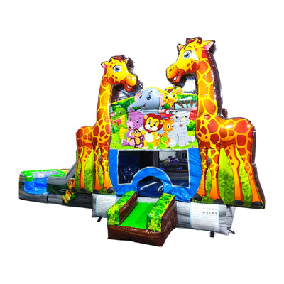 Close-up view of the Giraffe Safari Econo Combo against a white background. Showcases two tall giraffe inflatables, a bounce house decorated with jungle animals, a blue slide, and green obstacles. The combo's vibrant colors and detailed designs are highlighted.