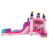 Side view of Grand Royal Castle Dual Lane Commercial Inflatable Combo featuring a pink castle structure with purple turrets and yellow flags. The inflatable includes dual slides in pink and blue, a bounce house area with mesh windows, and a splash pool. Set against a white background, showcasing its princess-themed design for commercial wet/dry use.