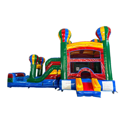 Side view of Marble Balloon Econo Combo showing bright multi-colored design with hot air balloon-shaped towers, bounce house, slide, and splash pool. The inflatable is isolated against a white background, highlighting its vibrant colors and unique design.