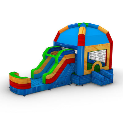 Front view of Mega Dome Commercial Econo Inflatable Combo, showcasing the dome-shaped bounce house entrance with mesh windows, attached slide, and extended play area. The inflatable features a colorful design with blue, red, yellow, and green elements.