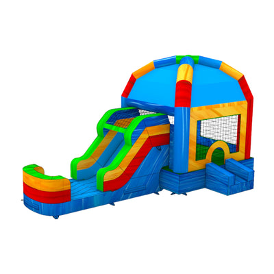 Large inflatable combo featuring a colorful dome-shaped bounce house with attached slide and play area. The structure has vibrant blue, red, yellow, and green colors with mesh windows. Set up against a white background, showcasing its multi-functional wet/dry design.