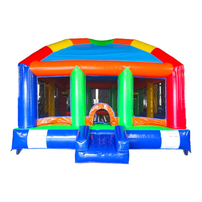 Front view of Mega Fun Dome Commercial Grade Bounce House featuring a vibrant multicolored inflatable structure. The dome-shaped bounce house has a blue roof with colorful panels, orange support beams, and green pillars at the entrance. Mesh windows allow visibility inside. The structure is set against a white background, showcasing its eye-catching design for commercial use.