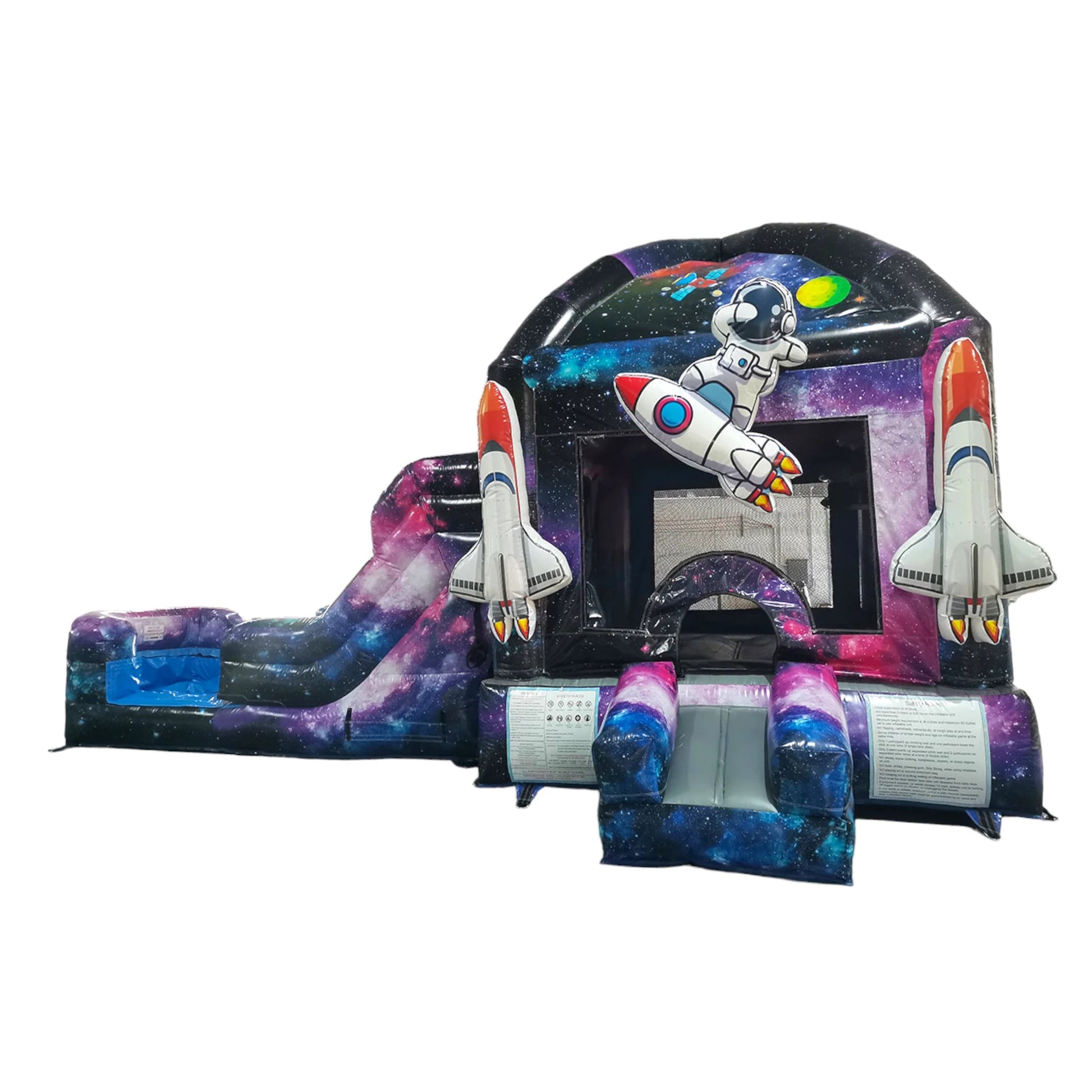 Front view of MoonWalker Commercial Econo Inflatable Wet/Dry Combo, showcasing the bounce house entrance with cosmic design, astronaut figure, and rocket decorations. Isolated against a white background, highlighting its vibrant colors and space theme.