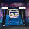 Wide-angle view of MoonWalker Commercial Econo Inflatable Wet/Dry Combo featuring a space-themed bounce house with cosmic design, attached slide, and play area. The inflatable has bright purple, blue, and pink colors with astronaut and rocket decorations. Displayed against a white background, showcasing its full design and features.