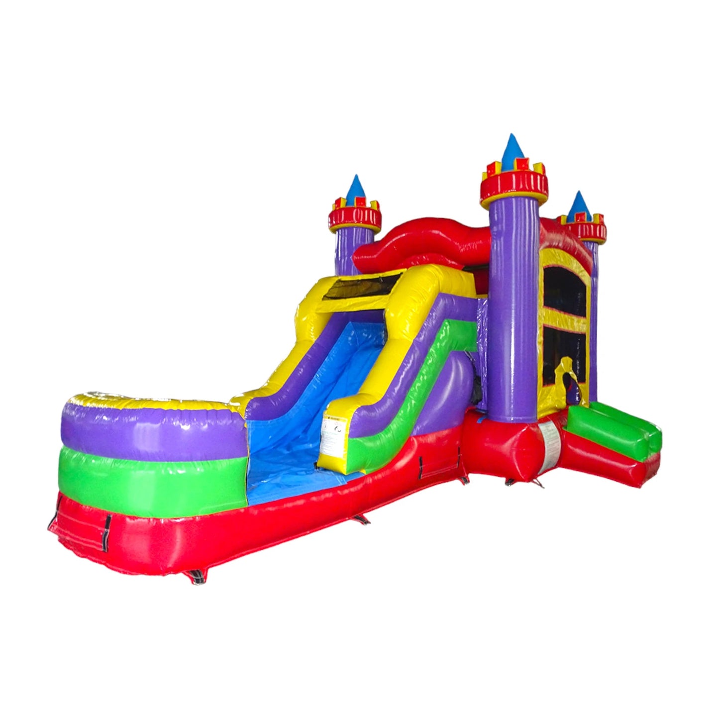 Colorful inflatable castle-themed combo featuring a bounce house with purple turrets, yellow walls, and multicolored accents. Includes a blue slide, green obstacles, and a red splash pool area. The structure has vibrant purple, yellow, blue, green, and red colors. Isolated on a white background.