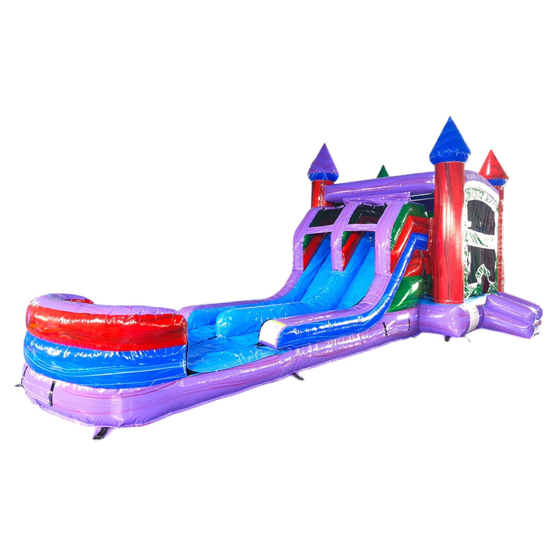 Side view of Multi Color Marble Splash & Save Dual Lane Inflatable Combo featuring vibrant purple, blue, and red colors. The structure includes dual slides, castle-like towers with conical tops, and a large splash pool area. Set against a white background, showcasing its design for commercial wet/dry use.