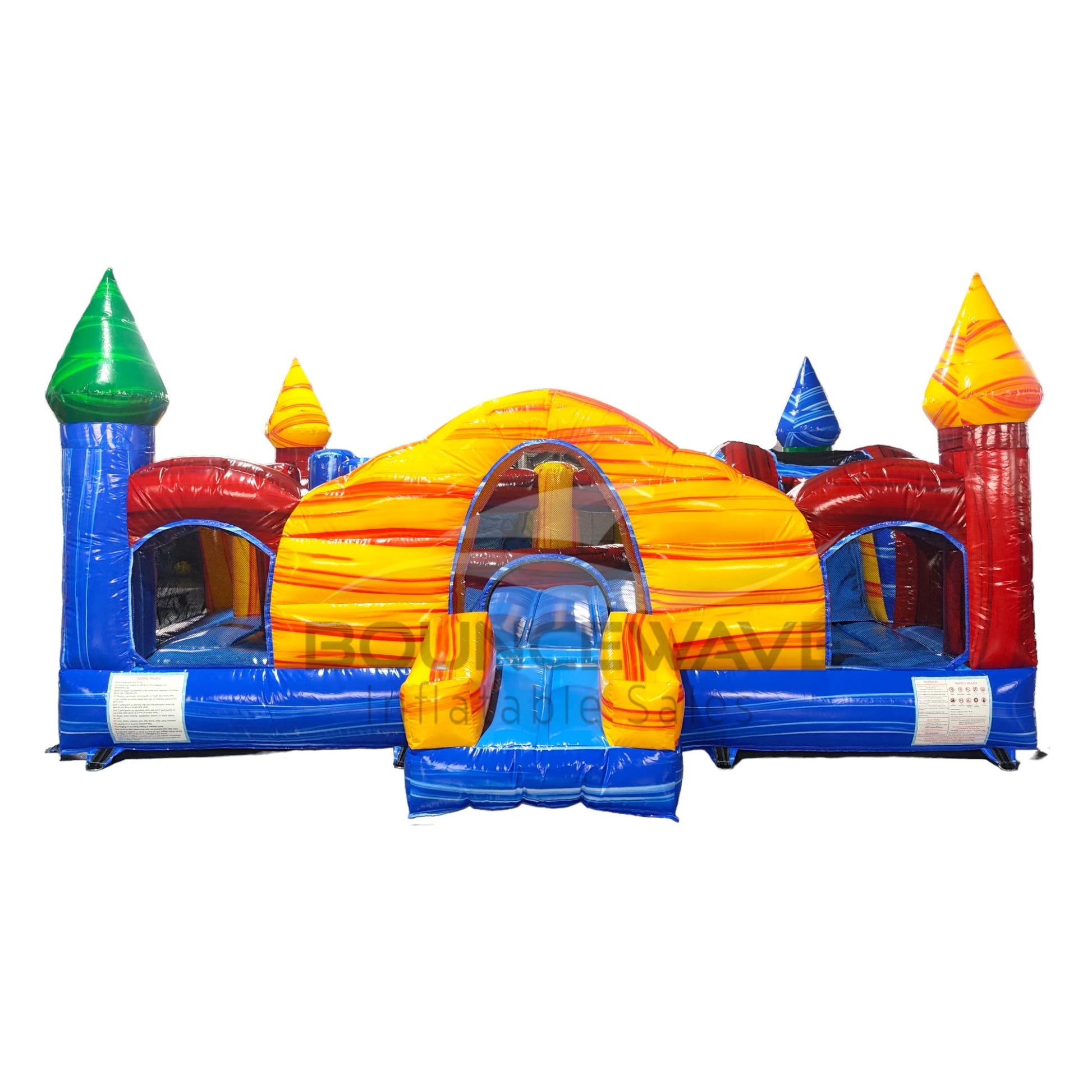 Front view of Primary Marble Toddler Bounce House isolated on a white background. Features a central yellow dome with orange swirls, four colorful corner towers, blue base, and small entrance slide. Mesh windows and safety instructions visible on the front.